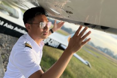 Safe and professional training environment at AAA flight academy. Japanese flight instructor performing pre-flight safety inspection at AAA flight school in the Philippines